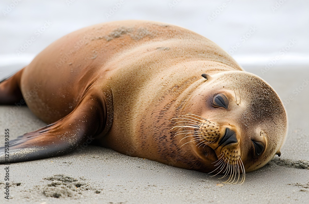 Obraz premium Relaxed Sea Lion Resting on Sandy Beach in Natural Habitat