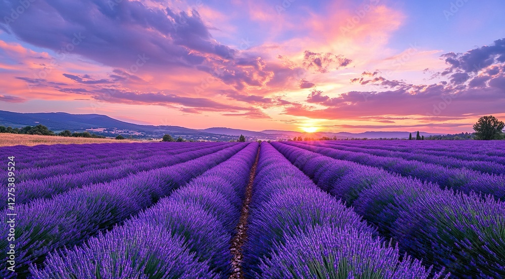 Obraz premium Lavender fields in Provence, a beautiful purple sky at sunset, landscape photography, a panoramic view, a sea of lavender flowers, colorful clouds, a blue sky,