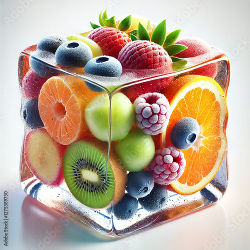 A visually stunning image of a variety of fresh fruits, including strawberries, blueberries, oranges, kiwis, and raspberries, frozen inside a crystal-clear ice cube