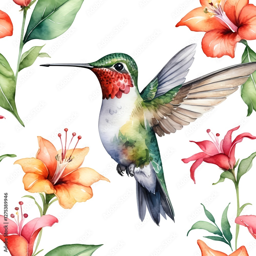 Obraz premium Watercolor Hummingbird with Tropical Flowers