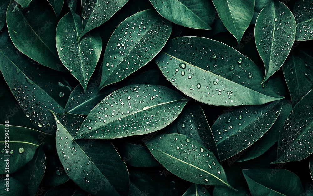 Obraz premium Abstract dark green leaves texture background with water drops, close-up view. Nature concept. Flat lay style. Stock photo with 2/3 space for text placement. 