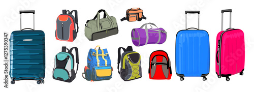 Set of different travel baggage objects. Airplane trip accessories. Passenger luggage, suitcases, carry-on bags, backpacks, sport bag, hand bag. Vector illustration isolated
