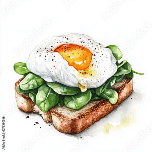 Poached egg and spinach are mouthwatering on toast with watercolor style