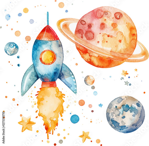 Watercolor cute planet and rocket for kid.