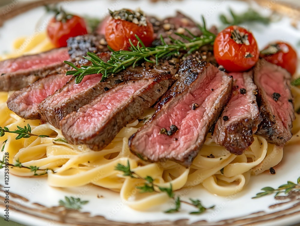 Sliced steak, pasta, tomatoes. Restaurant meal Sliced steak, pasta, tomatoes. Restaurant meal