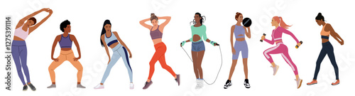 Set of different sportive young women doing fitness exercises at gym, at home. Healthy lifestyle. Collection of female flat vector characters in workout positions isolated 