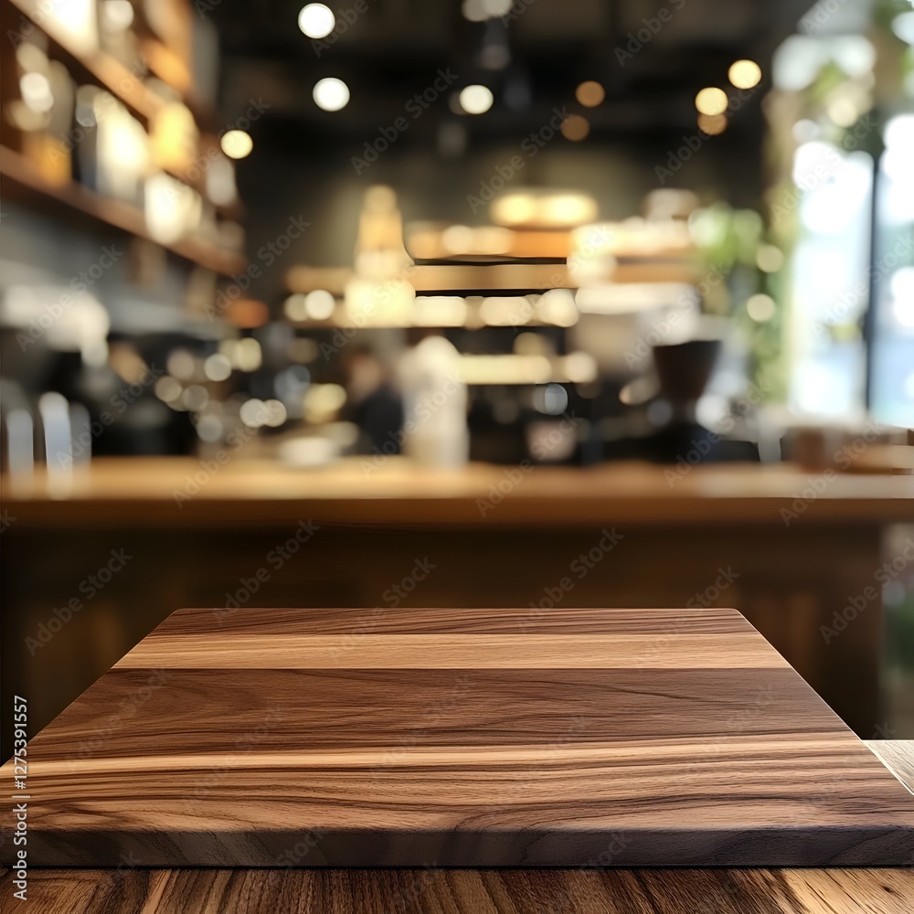 Obraz premium Minimalist Wooden Tabletop with Blurred Coffee Shop Background