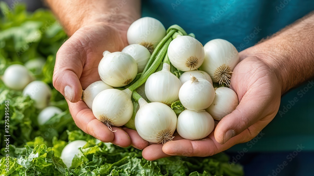 Hand-picked organic onions, fresh from the farm. Fresh white radishes held in hands with leafy greens in the background. Hand-picked organic onions, fresh from the farm. Fresh white radishes held in hands with leafy greens in the background.