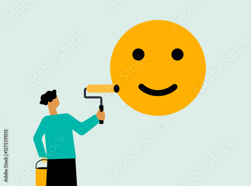 Man painting happy emoticon, illustration showcasing optimism