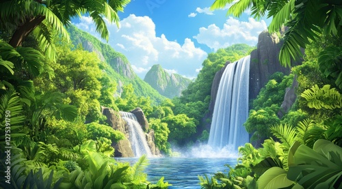 Fototapeta Naklejka Na Ścianę i Meble -  Majestic waterfall flowing through lush jungle landscape tropical paradise digital artwork bright day nature concept
