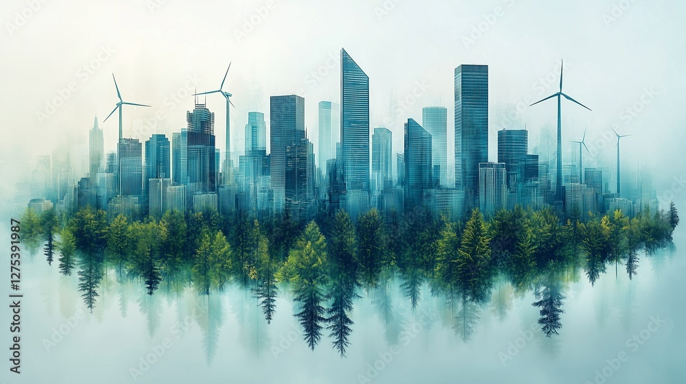 Obraz premium A stunning double-exposure cityscape blending an eco-friendly skyline with a lush forest backdrop, symbolizing sustainable urban development and nature harmony.