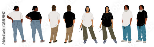 Set of different young men, women wearing casual street fashion outfit, white, black t-shirt, jeans, sneakers. Full body female, male characters standing front and back, rear view. Tshirt mockup.
