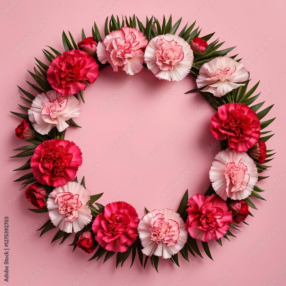 Obraz premium Pink and Red Carnation Flower Wreath on Pink Background