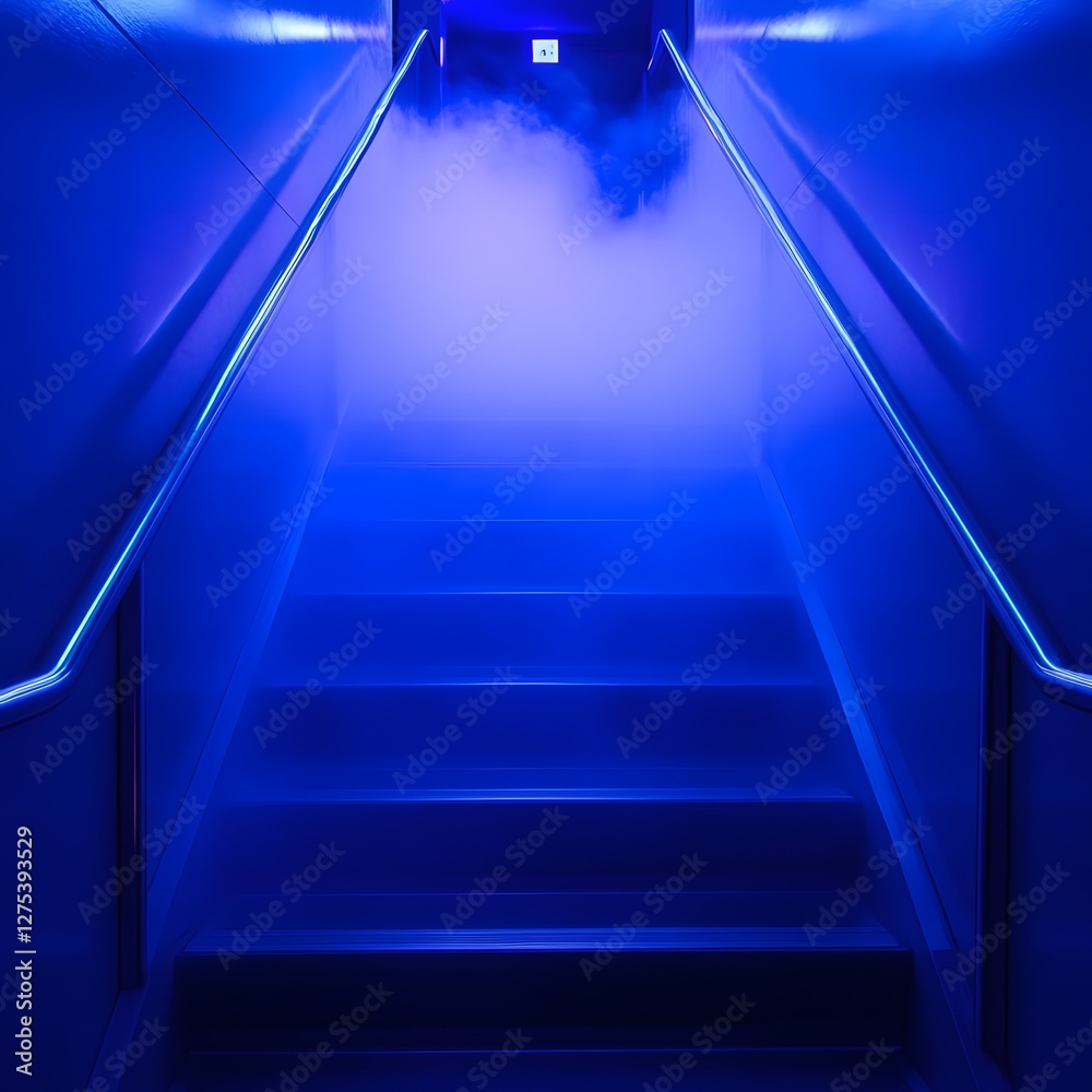 Misty Stairway Bathed in Ethereal Blue Lighting in Futuristic Sci Fi Passage Misty Stairway Bathed in Ethereal Blue Lighting in Futuristic Sci Fi Passage
