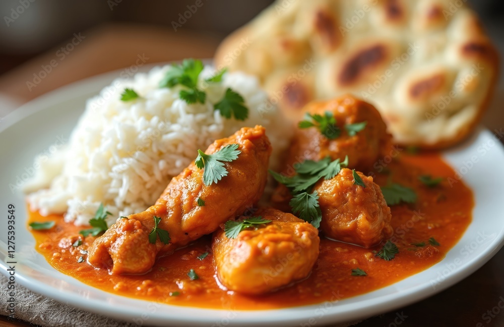 Chicken Tikka Masala dish served with rice and naan bread. Creamy, flavorful Indian curry chicken recipe. Garnished with fresh cilantro, presented on plate. Delicious meal. Chicken Tikka Masala dish served with rice and naan bread. Creamy, flavorful Indian curry chicken recipe. Garnished with fresh cilantro, presented on plate. Delicious meal.
