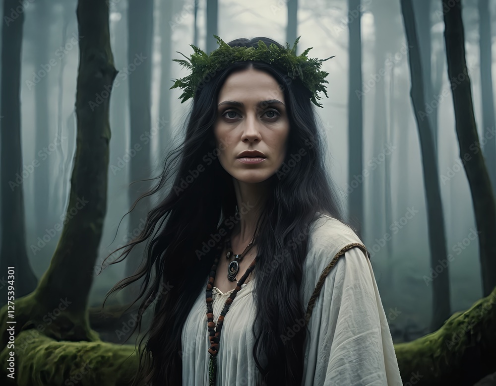 Fototapeta premium Mystical Woman in Foggy Forest