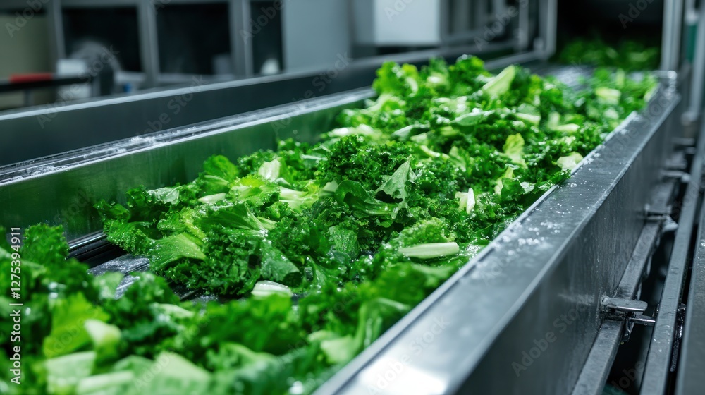 Fresh Green Leafy Vegetables on a Conveyor Belt in a Food Processing Plant Fresh Green Leafy Vegetables on a Conveyor Belt in a Food Processing Plant