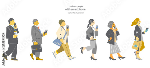 スマホを使いながら通勤するビジネスパーソン　シンプルでお洒落なフラットイラスト