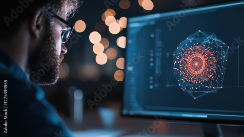 An aerospace engineer working on the design of a spacecraft using CAD software, with a focus on the intricate details of the model, highlighting innovation and technological advancement