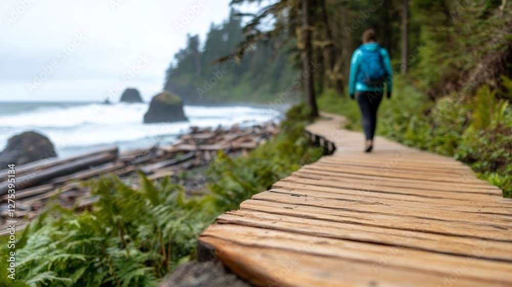 Coastal boardwalk hiker, ocean view, rainforest Coastal boardwalk hiker, ocean view, rainforest