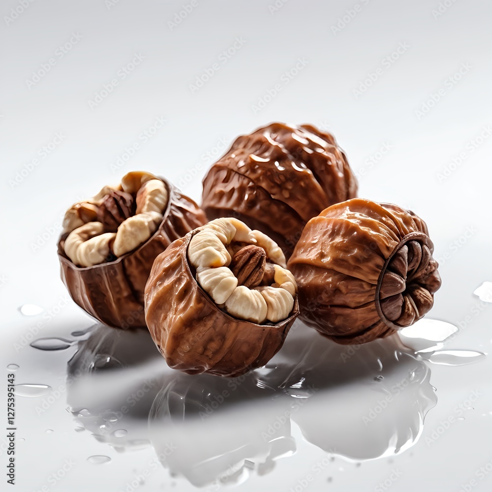 Cracked Walnuts on Wet Surface Cracked Walnuts on Wet Surface