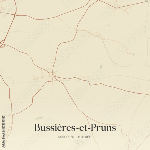 Vintage map of Bussières-et-Pruns, France.