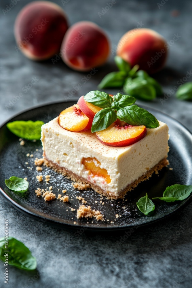 Peach cheesecake slice, basil garnish, dark plate, stone background, dessert recipe Peach cheesecake slice, basil garnish, dark plate, stone background, dessert recipe