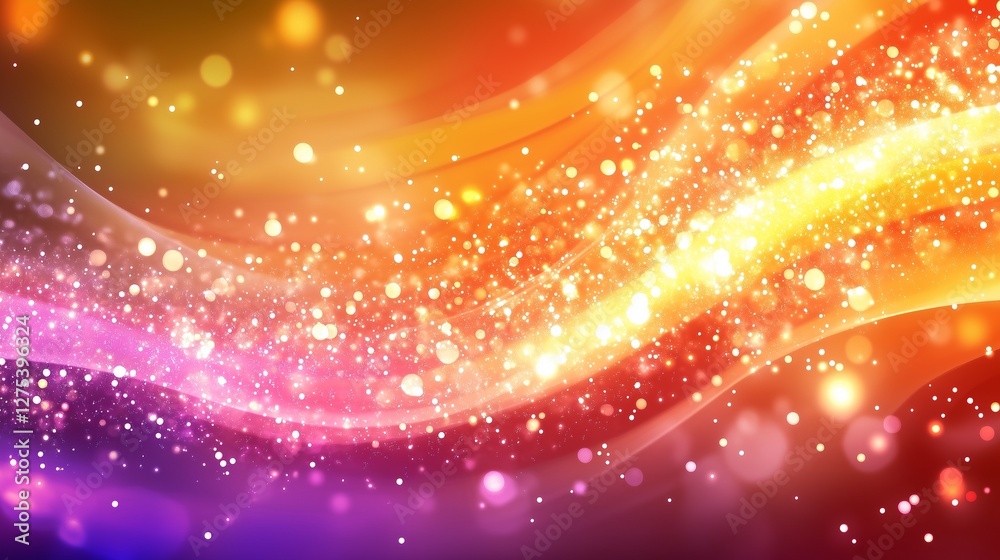 Obraz premium 暖色系の波とパーティクル背景、キラキラ