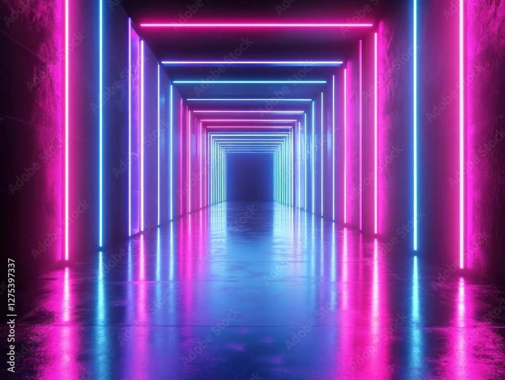 A vibrant neon-lit corridor with pink and blue lights reflecting on a glossy floor, creating a futuristic atmosphere
