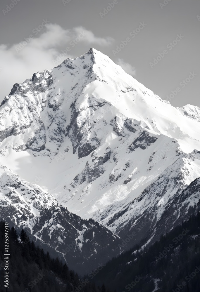 Obraz premium Snowy Mountain Peak Against Cloudy Sky in Monochrome Alpine Landscape