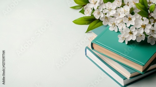 A serene arrangement of stacked teal books adorned with a bouquet of white flowers, creating a peaceful, inviting atmosphere.