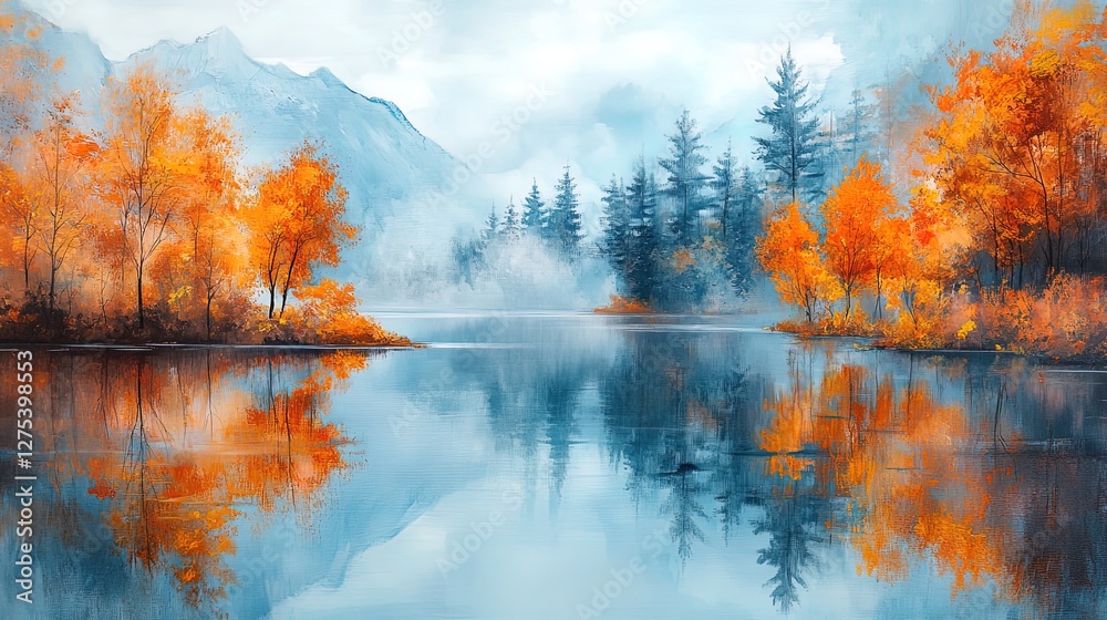 Fototapeta premium Quiet lake reflecting autumn trees, serene colors, peaceful atmosphere