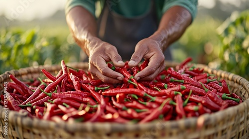 Farmer harvesting freshly picked red chili peppers in a woven basket, representing Indonesia’s agricultural traditions and spice cultivation. photo