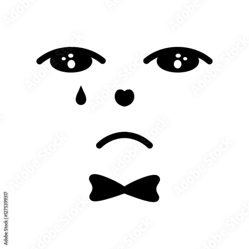 Sad facial expression. Crying face with melancholy emotions. Tears dripping from eyes, bow tie. Sketch. Vector illustration. Outline on isolated white background. Doodle style. Offended grimace. 