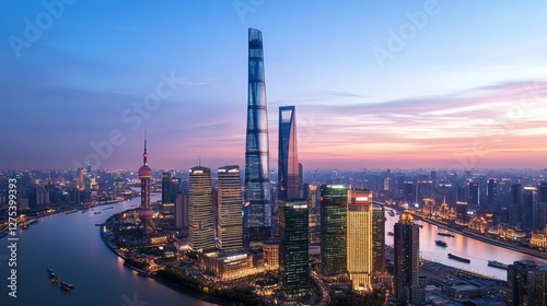 A contemporary office building stands tall in the Lujiazui district of Shanghai, embodying the city's rapid modernization. Its sleek facade reflects the vibrant energy of this financial hub