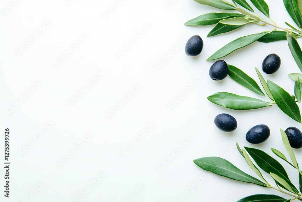 Olive leaves and olives on a white background, a flat lay with space for text. Stock photo, contest winner, stock photography, high resolution, very detailed. Olive leaves and olives on a white background, a flat lay with space for text. Stock photo, contest winner, stock photography, high resolution, very detailed.