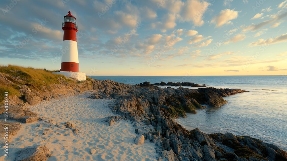 Red and White Lighthouse Overlooking a Rocky Coastline at Sunset with Cloudy Sky Red and White Lighthouse Overlooking a Rocky Coastline at Sunset with Cloudy Sky