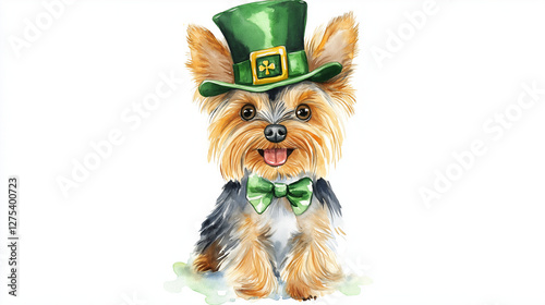 Yorkshire Terrier in St. Patrick’s Day Outfit on White Background