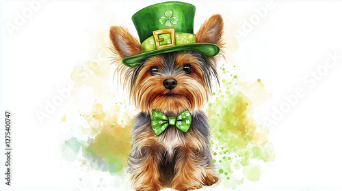 Yorkshire Terrier in St. Patrick’s Day Outfit on White Background