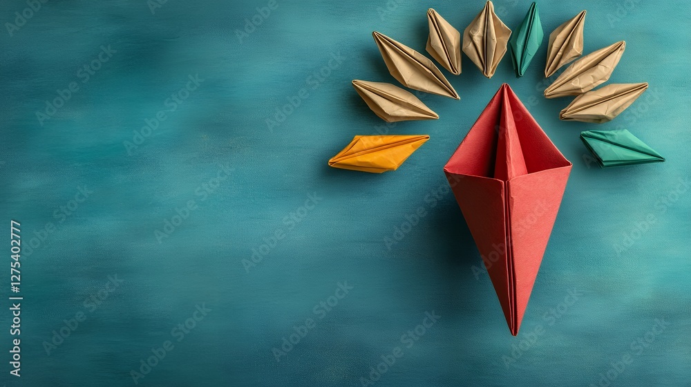 Red Beige and Teal Origami Figures Arranged on a Textured Turquoise Surface Red Beige and Teal Origami Figures Arranged on a Textured Turquoise Surface