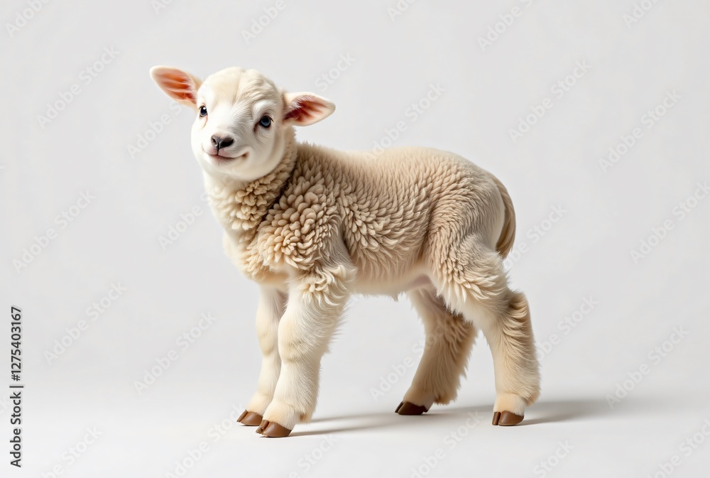Fototapeta premium Lamb Baby Sheep White. Adorable fluffy animal for Easter, spring themes, kids content, greeting cards, website banners, and promotional use.