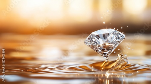 Diamond splashing in golden water, sunset backdrop; luxury concept