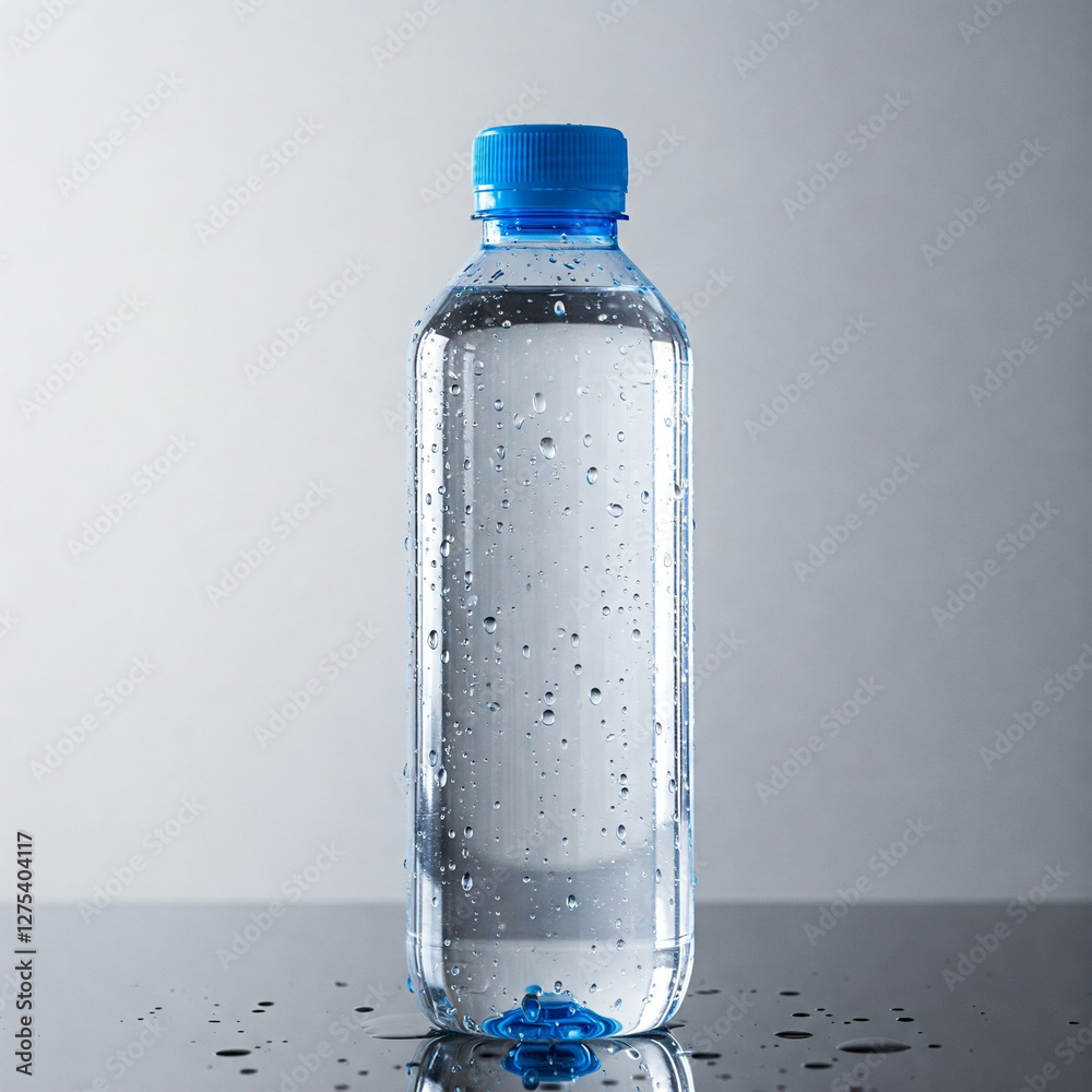 Clear plastic water bottle with blue cap, featuring condensation droplets, symbolizing freshness and hydration. Ideal for health, fitness, and hydration themes in advertising or design. Clear plastic water bottle with blue cap, featuring condensation droplets, symbolizing freshness and hydration. Ideal for health, fitness, and hydration themes in advertising or design.