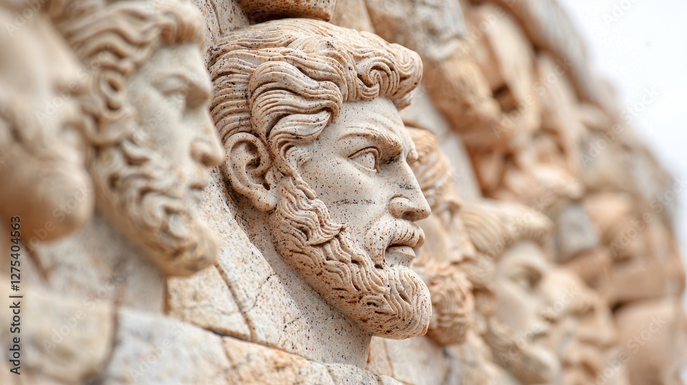 A close up detail of a carved relief on a stone monument, depicting historical scenes or mythological figures. A close up detail of a carved relief on a stone monument, depicting historical scenes or mythological figures.