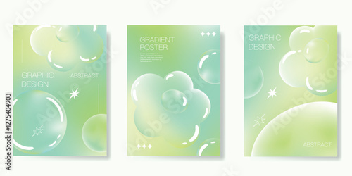 Modern gradient poster background vector set. Minimalist poster summer and spring cover template with green flower, bubble. Ideal design for social media, banner, card, ads.