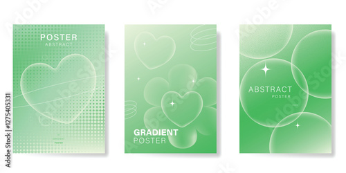 Modern gradient poster background vector set. Minimalist poster summer and spring cover template with green geometric, flower, heart, dot halftone. Ideal design for social media, banner, card, ads.
