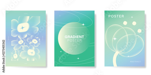 Modern gradient poster background vector set. Minimalist poster summer and spring cover template with green geometric, flower. Ideal design for social media, banner, card, ads.