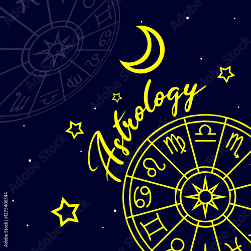 Astrology Day to celebrate on March. Zodiac constellation symbol, calligraphy text, stars and crescent moon on dark blue background.