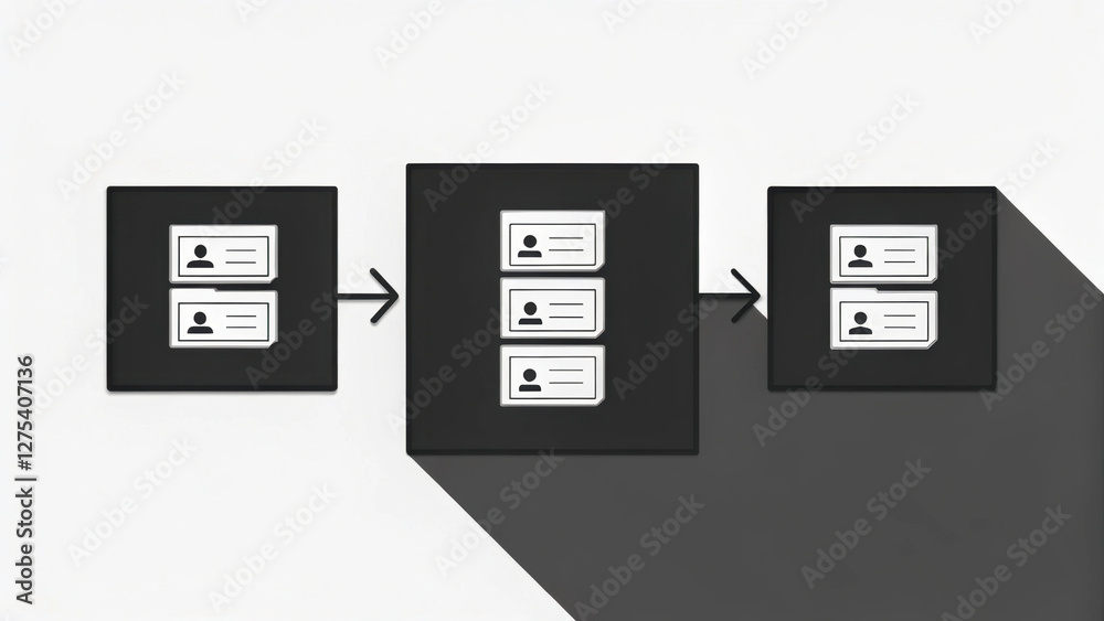 flowchart illustrating process of document verification with icons representing ID cards and arrows indicating progression. design is minimalistic with monochrome color scheme flowchart illustrating process of document verification with icons representing ID cards and arrows indicating progression. design is minimalistic with monochrome color scheme