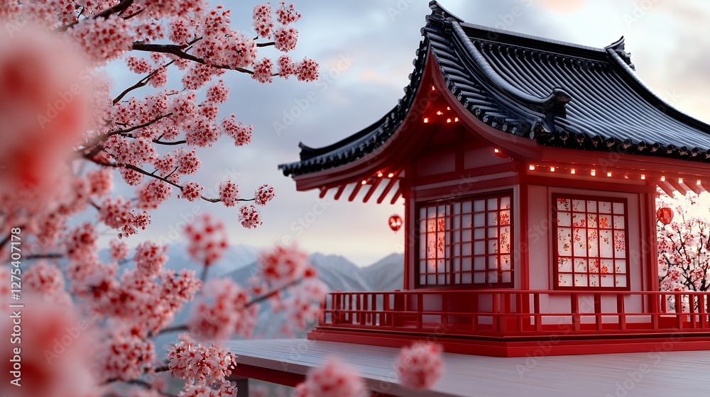 Red Pagoda with Cherry Blossoms in Snowy Mountain Landscape Red Pagoda with Cherry Blossoms in Snowy Mountain Landscape